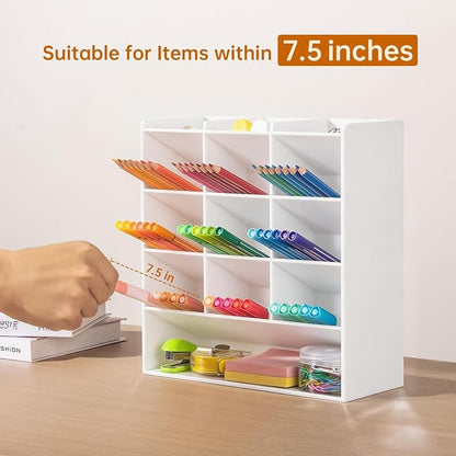 BEYGORM Acrylic Vertical Marker Organizer for 150 Markers, Desk Orgaizer | 13 Compartments Clear Angled Pen & Pencil Holder, Large Stationery & Art Supply Storage for School (10.2 x 9.8 x 4 Inch)