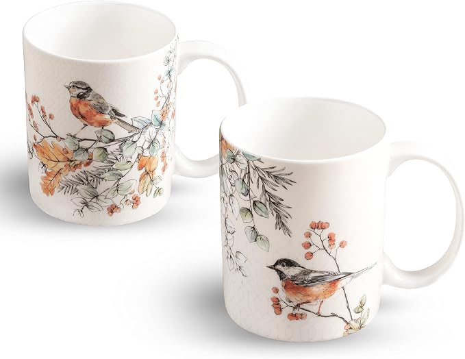 Maison d' Hermine Coffee Mug with Handles Tea Cups (15 Ounce, Pack of 2) | Fine Bone China Coffee Mugs for Hot Beverages Cappuccino Latte Home Restaurant Hotel Spring Summer -Whitish Shabby Chique