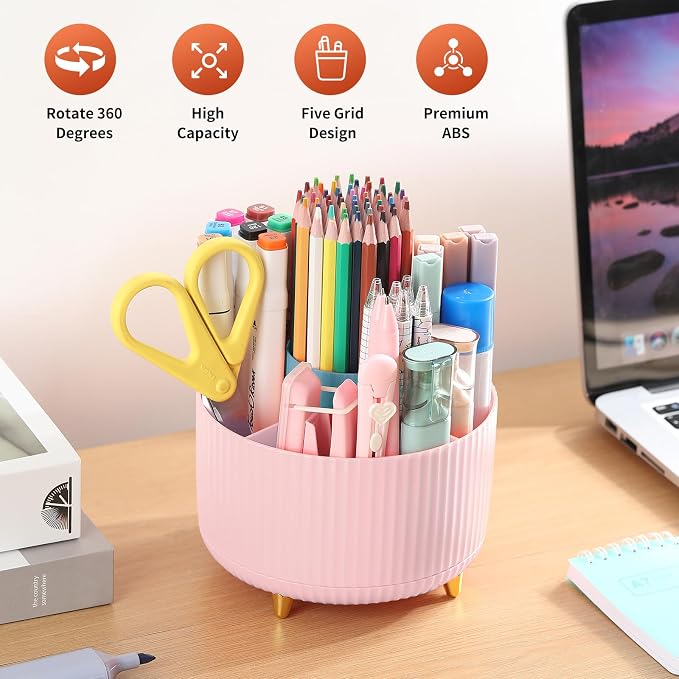 Desk Pencil Pen Holder, 5 Slots 360°Degree Rotating Organizers for Desk, Desktop Storage Stationery Supplies Organizer, Cute Cup Pot Office, School, Home, Art Supply, Pink