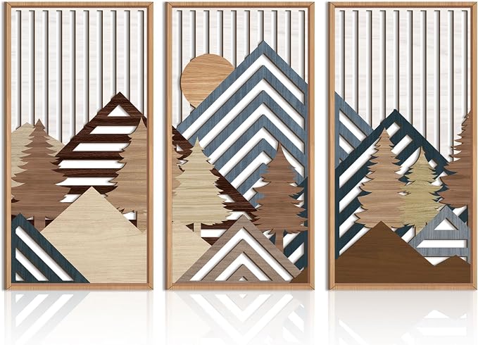 IARTTOP Large Mountain Wood Wall Art 16"x32"x3 Abstract Forest Wall Sculpture Geometric Boho Sunset Wilderness Artwork for Bedroom Living Room Office