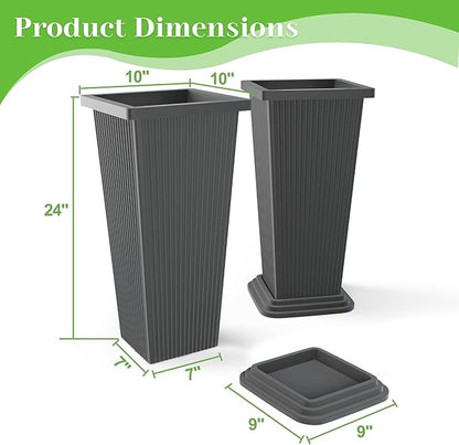 FENCY Set of 2 Tall Planters for Outdoor Plants, 24 Inch Large Tapered Pots with Drainage Trays, Weather-Resistant Plastic Plant Containers for Patio, Porch, Garden, Front Door Decor,Gray,Striped