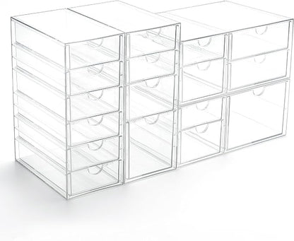 Prsildan 17 Drawers Teacher Toolbox Office Supply Organizer, Set of 4 | Clear Acrylic, Pull Out, Craft Desk Art Supply Accessories Vanity Countertop Bathroom Kitchen Cabinet Makeup Storage