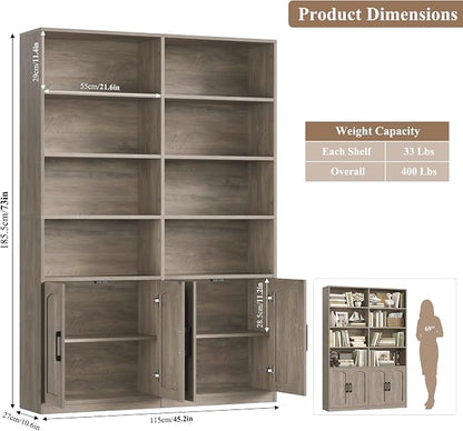 FACBOTALL Bookshelf and Bookcase with Doors, 6 Tier Double Wide Large Bookshelves, Open Display Shelves, 73'' Tall Bookshelf with Storage Cabinets for Home Office, Living Room, Library, Wash Gray