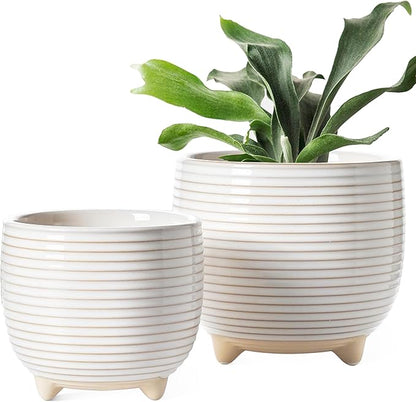 LE TAUCI Ceramic Plant Pots, 5.1 + 6.4 Inch Footed Pots for Plants, Modern Flower Pots for Home and Office, Indoor Planters with Drainage, Reactive Glaze White