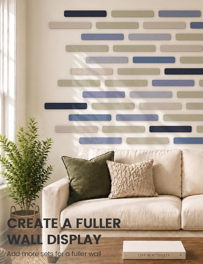 Fluxynara 13" x 2" Felt Wall Panels, Denim Mist | 8-Pack Includes 50 Push Pins and Adhesive Tabs for Photos, Notes and Decor in Bedroom Doors, Home Office or Studios