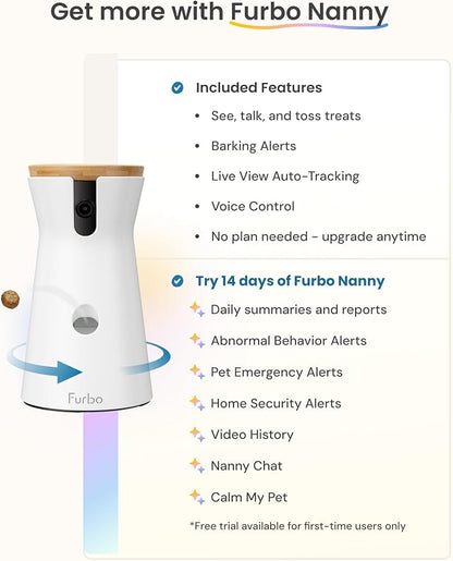 Furbo 360° Dog Camera: Basic See, Talk & Toss Features, No AI Alerts, No Subscription Required, Pet Security Cam w/Barking Alerts, Rotating View, Treat Toss, 2-Way Audio, Smart Home Puppy Monitoring