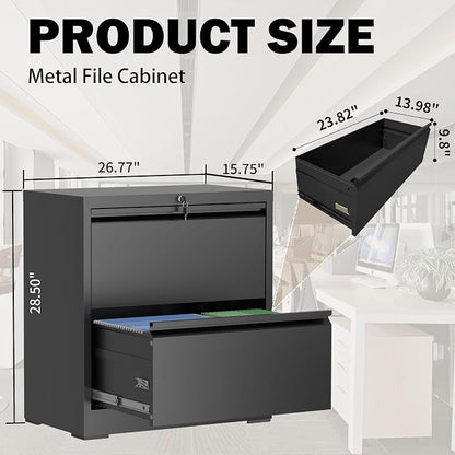 Lateral File Cabinet with Lock, 2 Drawer Filing Cabinet, Metal File Cabinets for Home Office, Steel Heavy-Duty Filing Storage Cabinet for Letters/Legal/A4 (Require Assembly, Black)
