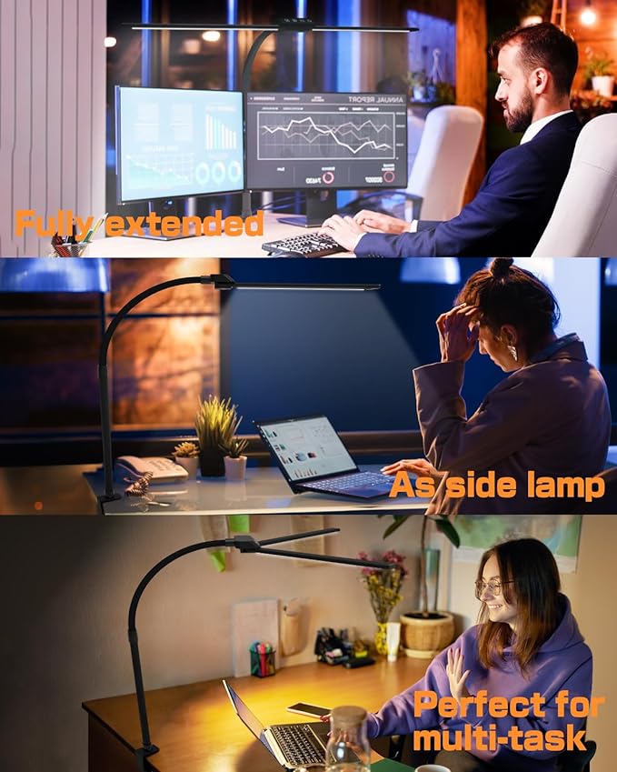 Desk Lamp with Clamp for Home Office - Eye-Caring Office Computer Led Desk Light with Flexible Gooseneck, 22W Bright Architect Study Clip Lamp for Desk Adjustable Task Lighting Stepless Dimming