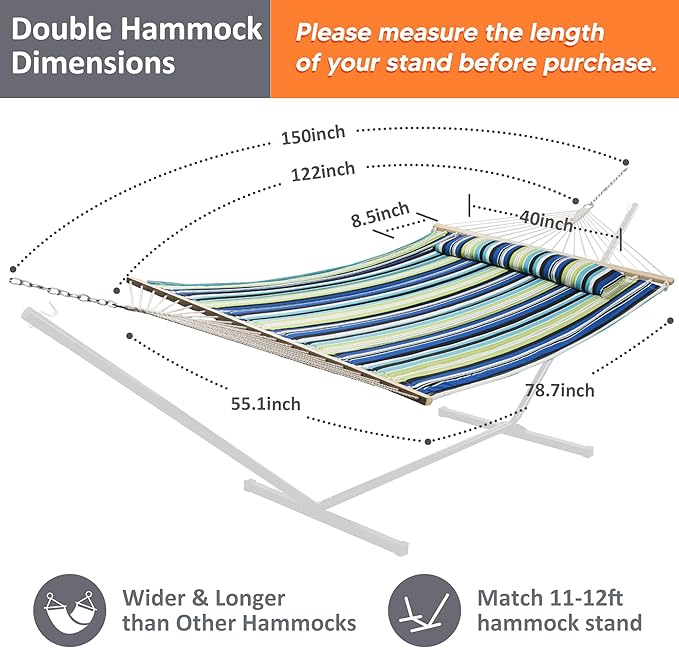 SUNCREAT 2 Person Hammocks for Trees, Lightweight Hammock for Outdoor, Patio, Garden, Backyard, Green Stripes