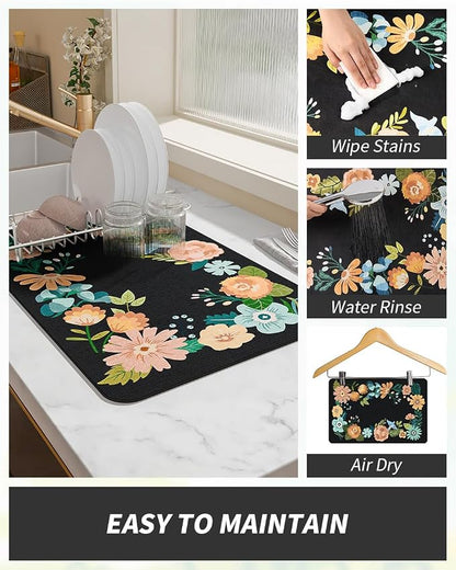 AMOAMI Coffee Mat Hide Stain Rubber Backed Absorbent Dish Drying Mat for Kitchen Counter - Bar Accessories Fit Under Coffee Maker, Espresso Machine, Dish Rack - Floral Black 16x24