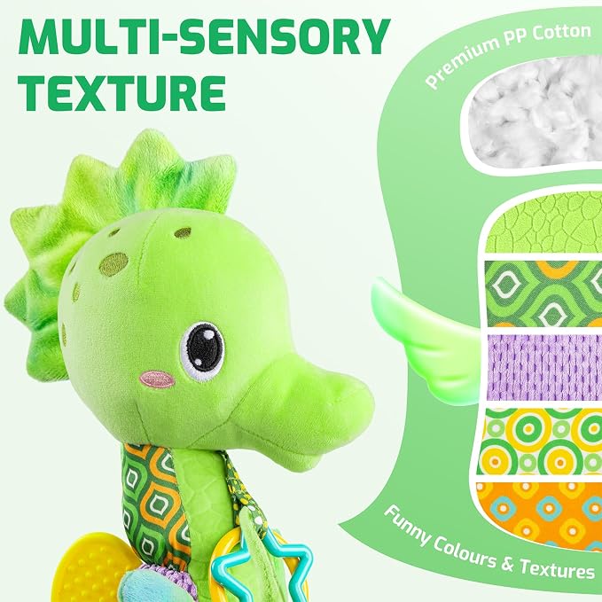 Sumobaby Infant Baby Musical Stuffed Animal Activity Soft Toys with Multi-Sensory Crinkle, Rattle and Textures, for Tummy Time Newborn 0-3-6-12 Months Girls,Seahorses - Green with Baby Mirror