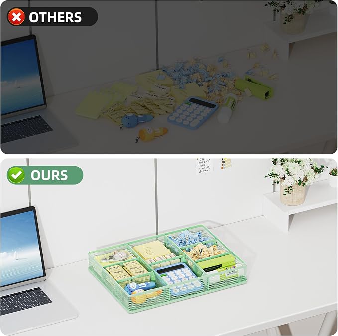Marbrasse Desk Drawer Organizer, Metal Mesh Drawer Organizer Tray with 5 Adjustable Compartments,Desk Organizers and Accessories for Home,Office,Kitchen,Makeup,Vanity (Green)