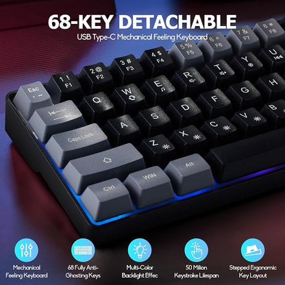 Guiheng Wired Portable 60% Mechanical Feeling Gaming Keyboard,RGB LED Backlit Compact 68 Keys Mini Wired Office Keyboard for Windows Laptop PC Mac Gamer, Typist, Travel on Business Trip Black–Grey