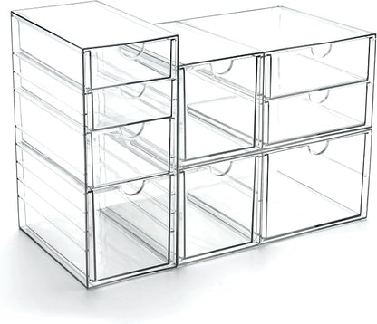 Prsildan Acrylic Drawer Makeup Organizer with 9 Drawers, Set of 3 Office Desk Organizers Accessories, Clear Stackable Storage Drawers for Vanity, Countertop, Craft, Jewelry, Art Supply Organization
