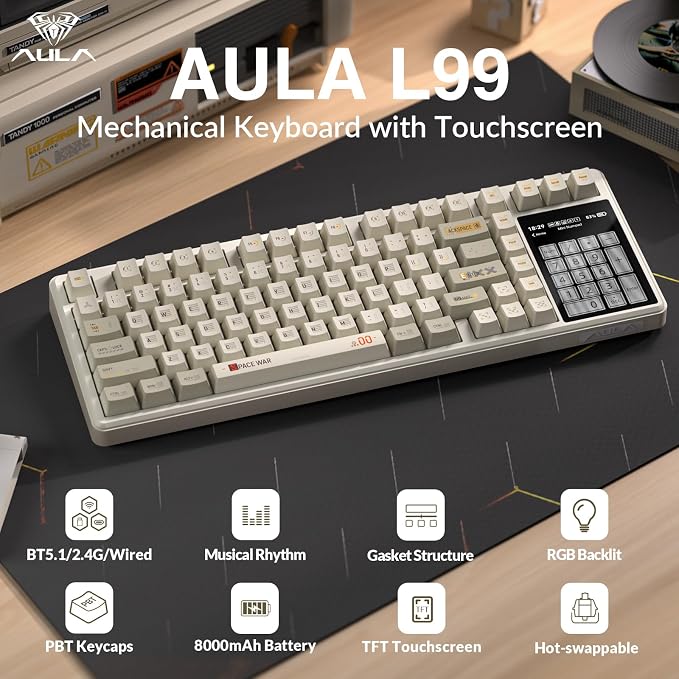Aula L99 Wireless Mechanical Gaming Creamy Keyboard with Smart Touch Screen | Tri-Mode Hot Swappable Custom Keyboard,RGB Backlit,PBT Keycap,Gasket Mount Creamy Sounding Keyboards for Office PC,84 Keys