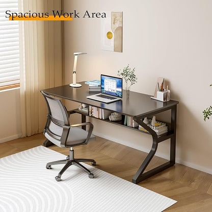 OSCHF 47.3-Inch Writing Desk with Storage Shelf, Black | Space-saving, Single-Person Workstation, Modern Study Gaming Computer Desk, Suitable for Home Office, Bedroom and Dorms