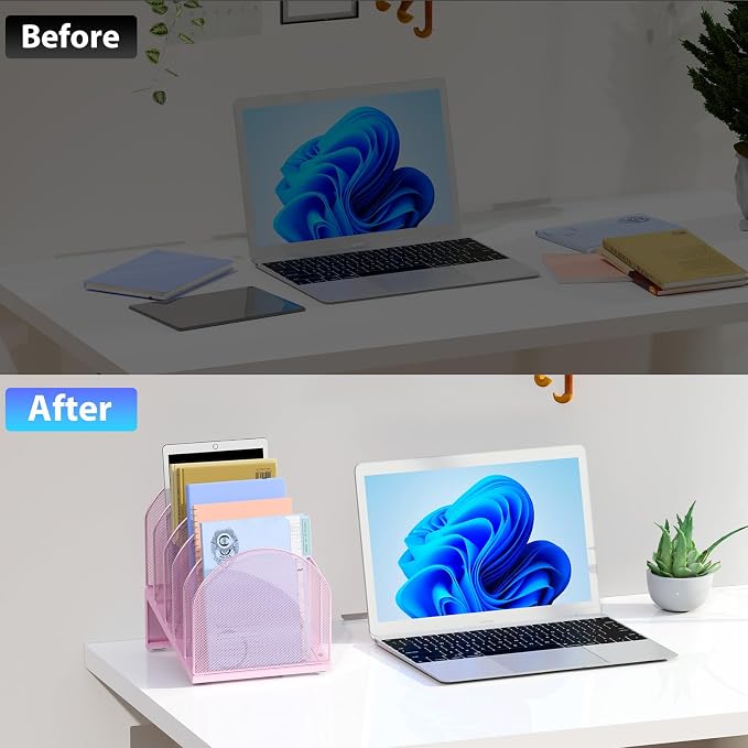 gianotter Desktop File Organizer with 5 Compartments | Desk Organizer Paper Organizer for Desk Workspace Organizers for Office Supplies (Pink, Inclined Style)