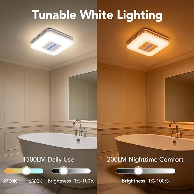 OREiN Matter Smart Bathroom Fan with Light – Humidity Sensor, 130–160 CFM Ventilation, Ultra-Quiet 1.0 Sone, Tunable White & Custom RGB, Dual Bluetooth Speakers, Compatible with Alexa & Google Home