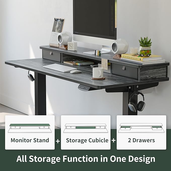 FEZIBO 55 x 24 Inch Height Adjustable Electric Standing Desk with Double Drawer, Stand Up Desk with Storage Shelf, Sit Stand Desk, Grey