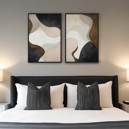 Framed Neutral Abstract Minimalist Wall Art Set of 2, Modern Canvas Prints Paintings Artwork for Walls, Black Beige Brown Abstract Art Pictures for Bedroom Living Room Dining Room Wall Decor 16x24 In