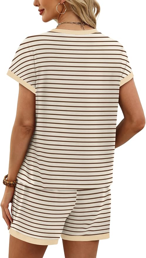 WIHOLL Two Piece Sets for Women Summer Lounge Short Sets Cap Sleeve Crew Neck Sweatsuit with Pocket XS-2XL