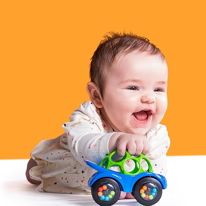 Bright Starts Oball Easy Grasp Rattle & Roll Toy Sports Car BPA-Free Infant Crawling Toy, 1 Pack, Age 3 Months and up, Blue/Green