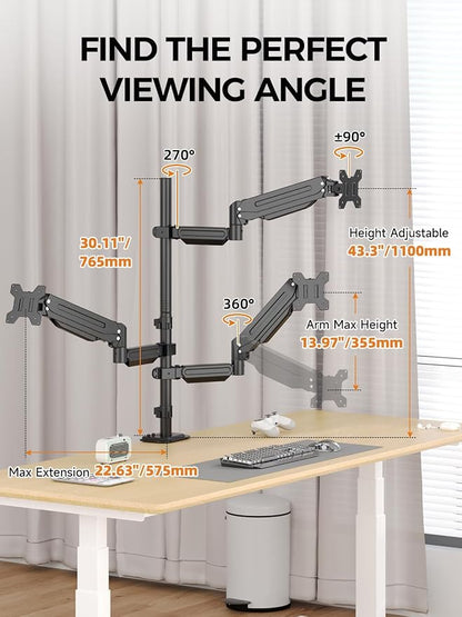 Bracwiser Triple Monitor Mount for Max 34" Screens, up to 24.25lbs Each, Full Adjustable 3 Monitor Desk Stand, Three Gas Spring Arm with Tilt Swivel Rotation, VESA 75x75/100x100mm, Black, MDX883B