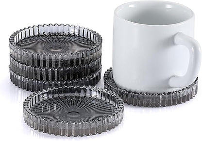 Modern Clear Coaster Set of 5- Glass Coasters for Drinks Crystal Coasters Round Cup Coasters Coffee Table Decor for Office, Kitchen, Bar, Dining Room, Living Room, Patio (Clear Black)