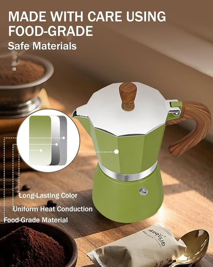 Coffee Maker Stovetop Espresso Maker 3 Cup Aluminum Moka Pot Percolator 5oz 150ml Easy Brewing for Electric Ceramic Stoves Home Camping Italian Cuban Café Classic Sip Sized Green
