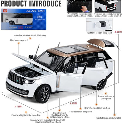 Toy Car Model 1/24 Diecast Cars Compatible with Land Rover Range Rover Off-Road SUV Collect Model Car Kits for Adults and Boys Metal Toy Cars for Kids Age 3+ Pull Back Cars with Light and Sound（White）