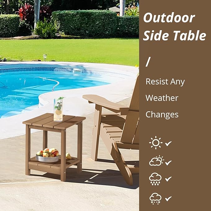 LUE BONA Adirondack Outdoor Side Table, 2-Tier Brown-Oil HDPS Patio End Table Weather Resistant, Morden Side Table for Patio, Pool, Porch