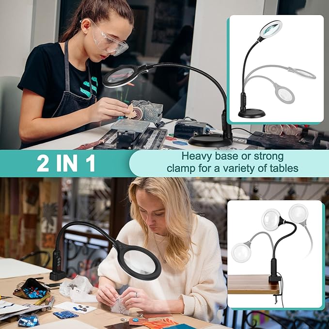 8X Magnifying Glass with Light and Clamp, 5 Color Modes Stepless Dimmable Lighted Magnifier with Stand, Flexible Gooseneck LED Desk Lamp Hands Free for Craft Reading Painting Hobby Close Work