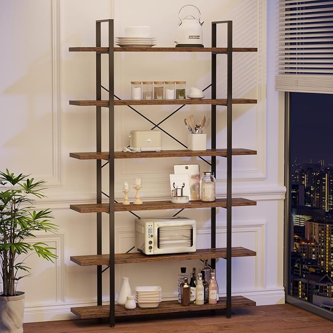 HSH 6 Shelf Tall Bookcase, Industrial Modern Large 6 Tier Bookshelf, Open Wood and Metal Display & Storage Rack,Farmhouse Bookcases and Book Shelves 6 Shelf for Bedroom Living Room Office,Rustic Brown