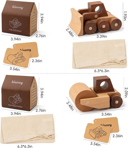 Wooden Toy Cars for 3 Year Old Boys & Girls - Construction Vehicles Set Push Toys for Toddlers, Wood Montessori Car with Rolling Wheels, Natural Wood Toys (Bulldozer & Road Roller)