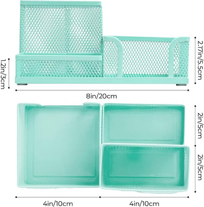 M&G Mesh Pen Holder Desk Organizers Pencil Holder for Desk Light Blue, 3 Compartments Metal Office Supply Organizer with Sticky Notes Holder for Home Office