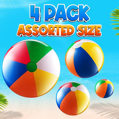 4-pcs Assorted Sizes Inflatable Beach Balls - Small & Large Rainbow Beach Balls For Kids In 6", 12", 16", 24" Sizes - Colorful Blow Up Pool Toys For Beach Games, Summer Party Decoration & Outdoor Fun