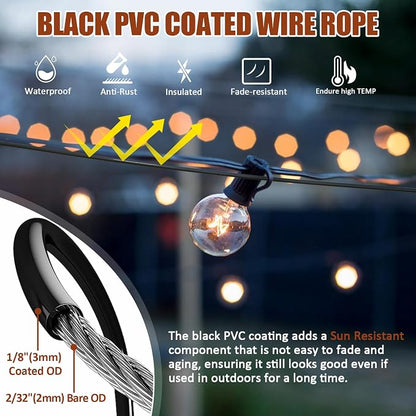 String Light Hanging Kit Outdoor, All-Black String Light Wire Hanging Kit Includ 100FT PVC Coated Steel Cable with Enough Accessories, Guide Wire for Outdoor String Lights, Patio Lights