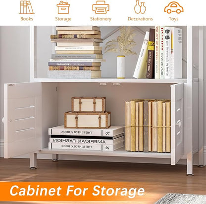 Storage Cabinet with 4 Open Shelves,1 Cupboard,White Bathroom Display Standing Shelf, White Wooden and Metal Frame Shelf for Living Room, Bathroom Bedroom, Home Office Organizer