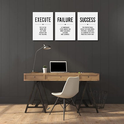 Inspirational Print - Framed Canvas Wall Art Success Quote, Office Wall Art, gift for boss, Positive Motivational Prints, Execute Failure Success Poster (D-3pcs,12x16inchx3pcs)