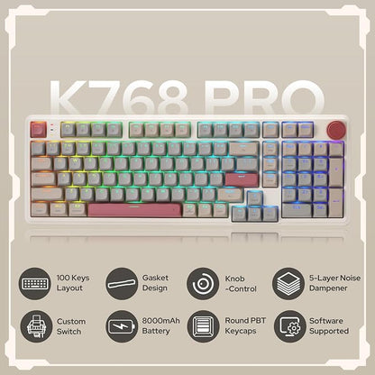 Redragon K768 PRO Wireless 100-Key Gasket Gaming Keyboard, Knob + 8000mAh | Multi-Function Control Wheel, 0-Delay Tri-Mode, Cushioned 5-Layer Noise Dampening for Creamy Thocky Sound, Practical 95% Size