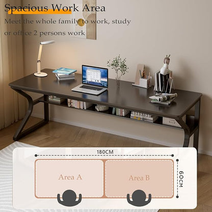 OSCHF 71-Inch Extra Long Desk with Storage Shelf, Black | Double Long Writing Table, Space-saving, 2-Person Workstation, Modern Study Work Computer Desk, For Home Office