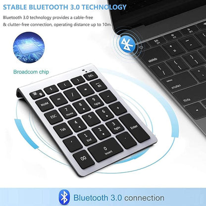 Lekvey Bluetooth Number Pad, 10 Keys Numeric Keypad Portable Wireless Bluetooth Keypad : 28-Key Numpad Extensions for Financial Accounting Data Entry for Laptop Surface Pro Tablets Windows, Silver
