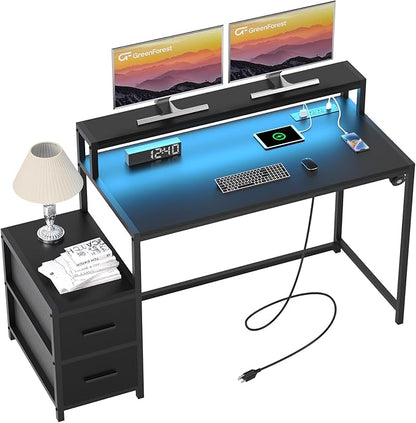 GreenForest Small Desk for Bedroom, 39.4 inch Computer Desk with 2 Drawers, Gaming Desk with LED Light and Power Outlet, Reversible Office Desk with Monitor Stand, Desk for Small Spaces, Black