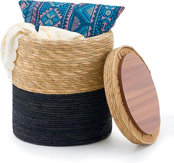 Wimarsbon Round Pouf Ottomans, Handwoven Natural Water Hyacinth Seagrass Pouffe,Outdoor Rattan Stool Accent Seat, Bohemian Coastal Home Decor (Storage -14inch Natural Cattail & Black Corn Shell)