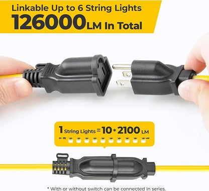 100FT 150W 3Prong Bright ETL Listed LED Work Construction String Lights | Linkable Up to 6 sets, 140 LM/W, 18/3 SJTW, IP65 Waterproof, Outdoor Temporary Hanging Lighting for Jobsite Shop Crawl Space