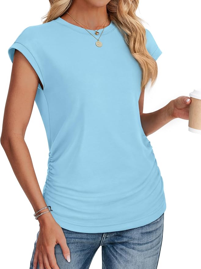 Sampeel Womens Summer Tops Trendy 2026 Ruched Cap Short Sleeve Tshirts Shirts Crew Neck T Shirts Fashion
