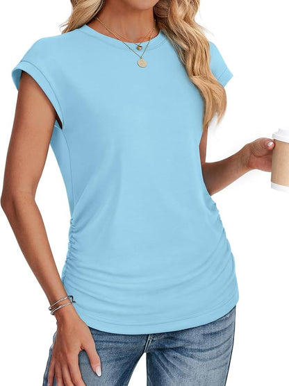Sampeel Womens Summer Tops Trendy 2026 Ruched Cap Short Sleeve Tshirts Shirts Crew Neck T Shirts Fashion
