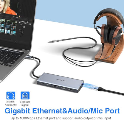 USB C Docking Station Dual Monitor for Dell/HP/Lenovo/Surface Laptop, 14 in 1 Triple Display Hub Multiple Adapter, Dongle with 2 HDMI 4K+VGA+5 Port+100W PD Charger+Ethernet+SD/TF+Audio