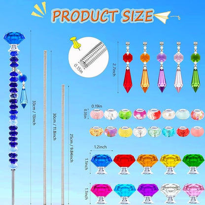247 PCS Beaded Garden Stakes Kit, DIY Fairy Wand Garden Stake Beads Kits with Assortment Large Hole Beads 10 Crystal Stopper Top Threaded Rods and Sparkling Crystal Pendants for Outdoor Indoor Decor