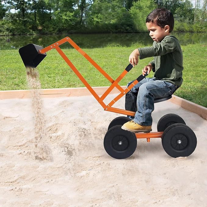 Costzon Kids Ride on Digger, Heavy Duty Steel Digging Scooper Excavator Crane with 360° Rotating Seat, 4 Thickened Wheels, Outdoor Beach Sandbox Toy for Sand, Dirt, Snow, Sit on Digger for Boys Girls